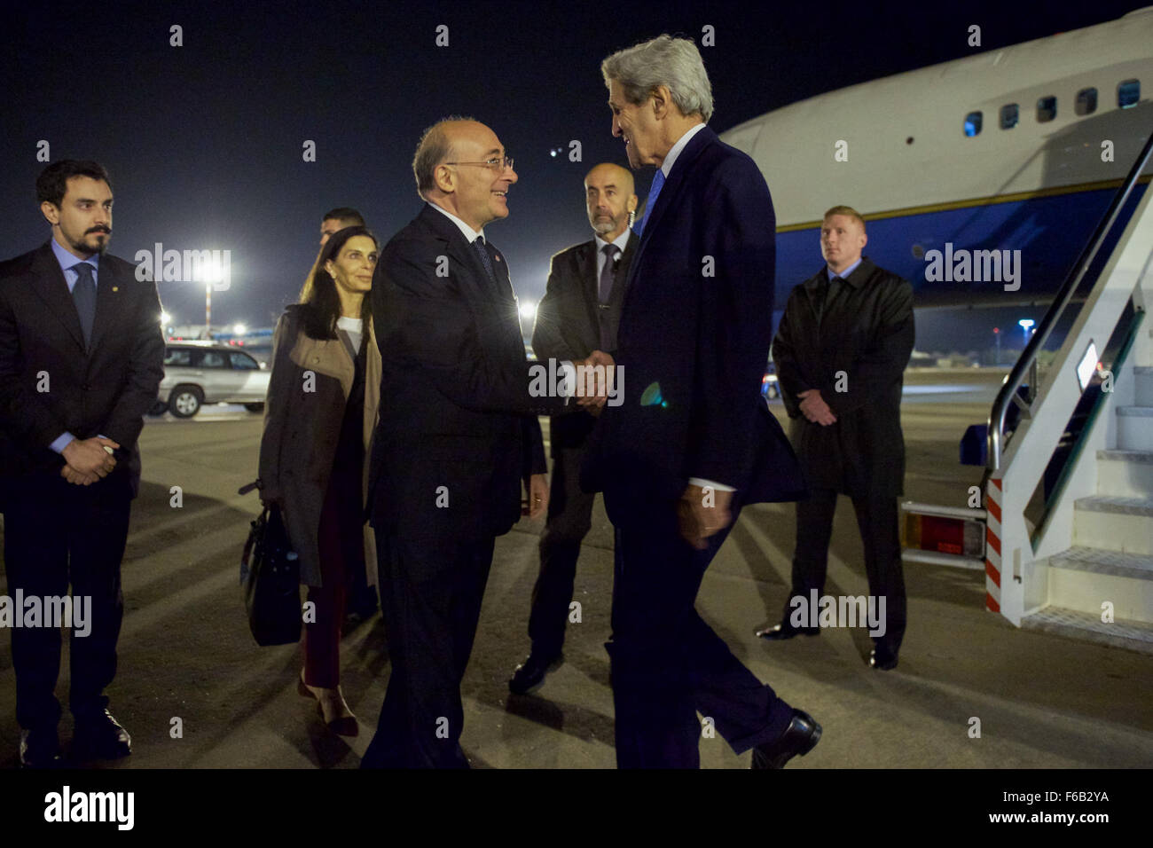 Italian Ministry of Foreign Affairs Official Greets Secretary Kerry Upon Arrival for Milan Expo Visit Stock Photo