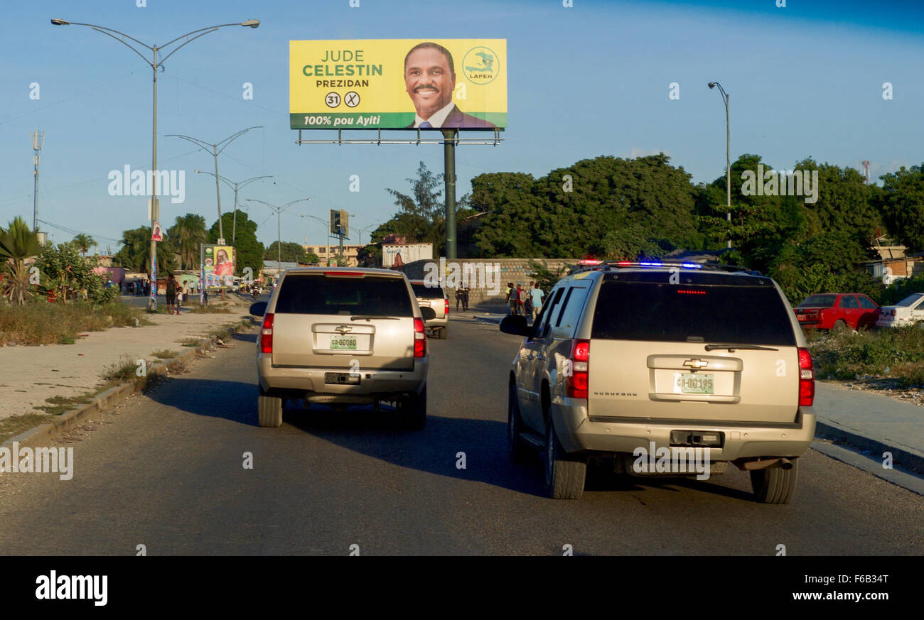 A Billboard Heralding Haiti's Upcoming Presidential Elections, As Seen From Secretary Kerry's Motorcade as it Heads to the Port-au-Prince International Airport Stock Photo
