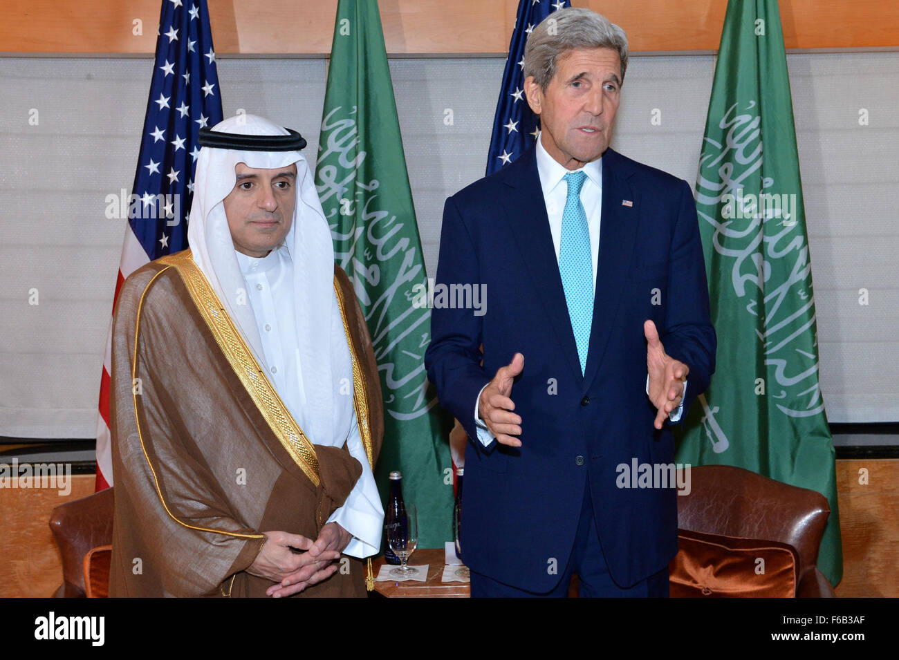 Secretary Kerry and Saudi Foreign Minister al-Jubeir Speak to Reporters Before Their Bilateral Meeting in New York City Stock Photo