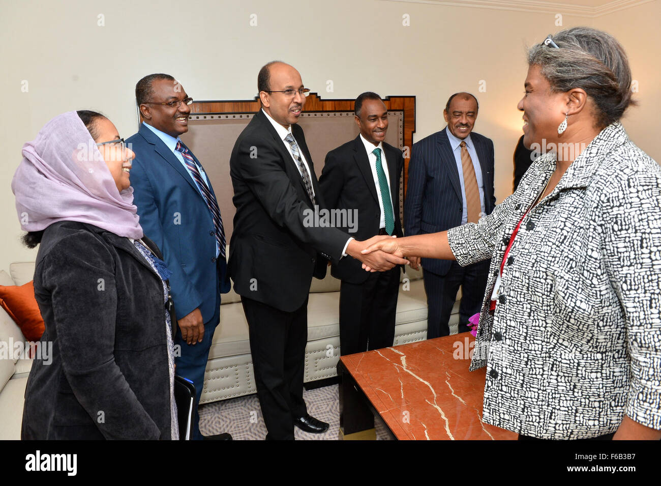 Assistant Secretary Thomas-Greenfield Greets the Sudanese Delegation Before Secretary Kerry's Meeting With Sudanese Foreign Minister Ghandour in New York City Stock Photo