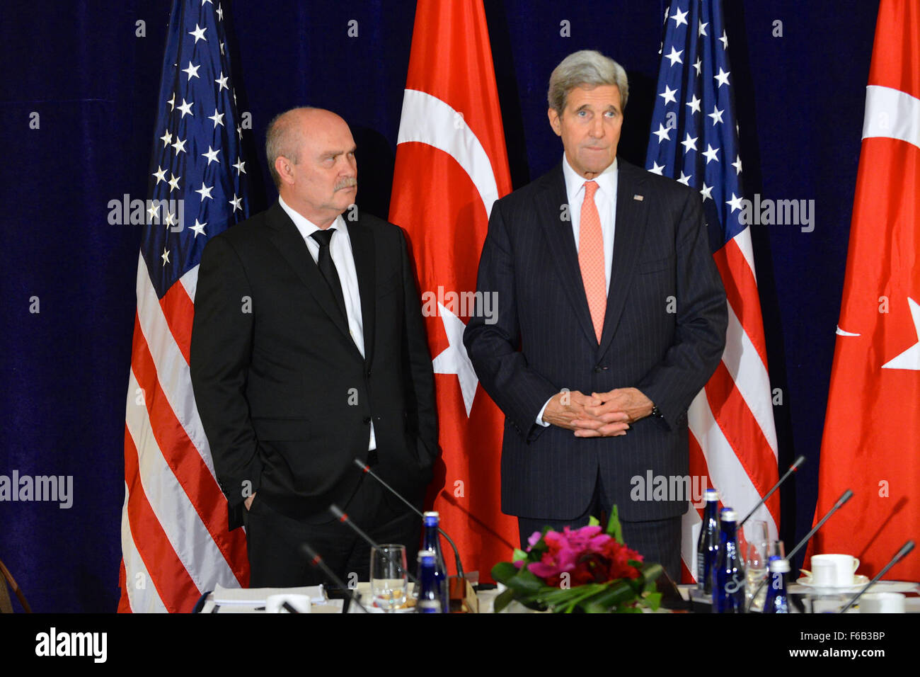 Secretary Kerry and Turkish Foreign Minister Sinirlioglu Address Reporters Before Their Meeting in New York City Stock Photo