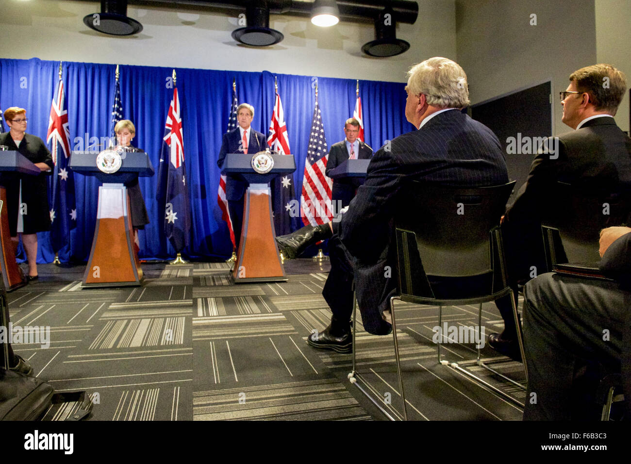 Australian Ambassador Beasley and U.S. Ambassador Berry Look on as Secretary Kerry Addresses Reporters Following AUSMIN Meetings in Boston Stock Photo