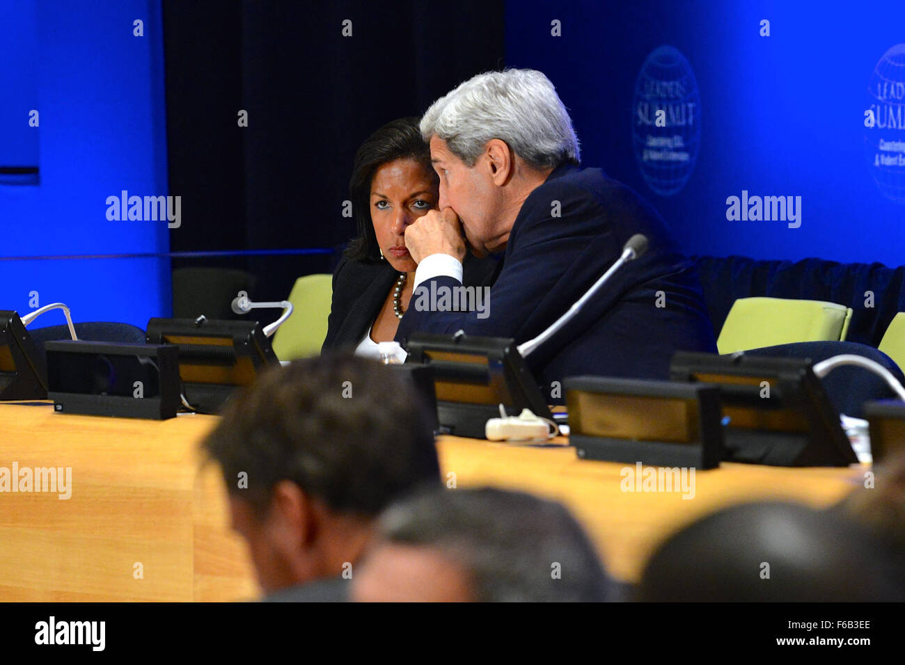 Secretary Kerry Chats With Ambassador Rice at the Leaders' Summit to Counter ISIL and Violent Extremism at UN Headquarters in New York City Stock Photo