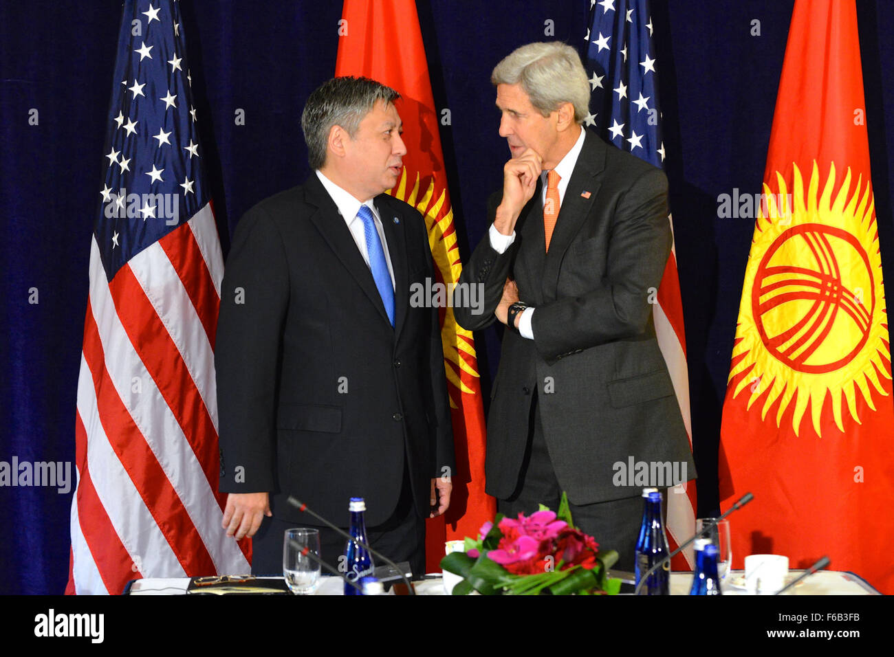 Secretary Kerry Chats With Kyrgyz Foreign Minister Abdyldaev Before Their Meeting in New York City Stock Photo