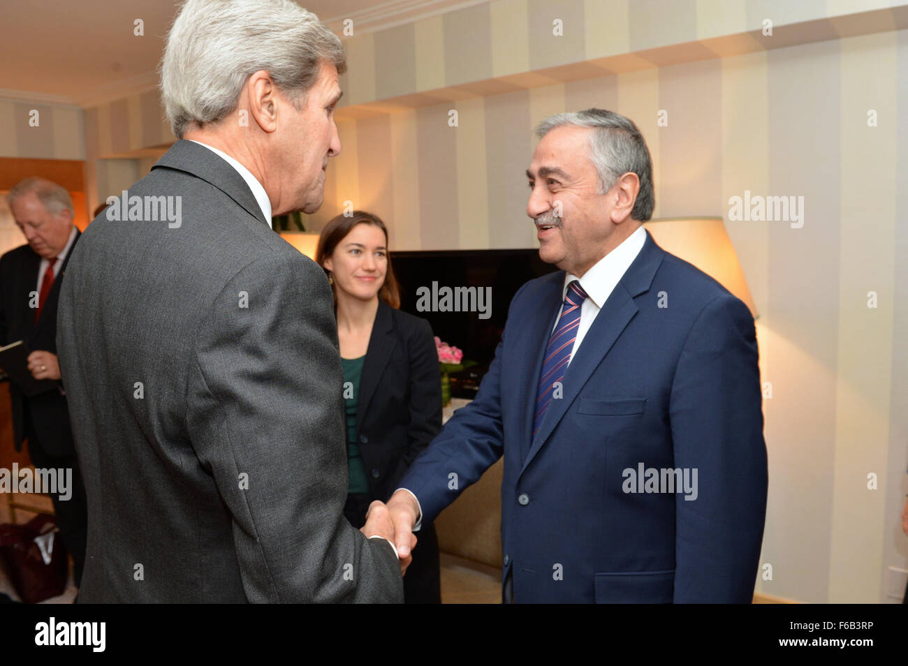 Secretary Kerry Greets Turkish Cypriot Leader Akinci Before Their Meeting in New York City Stock Photo
