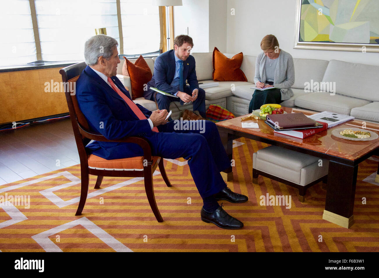 Secretary Kerry Huddles With Chief of Staff Finer and Ambassador Power After Meeting With Russian Foreign Minister Lavrov in New York City Stock Photo