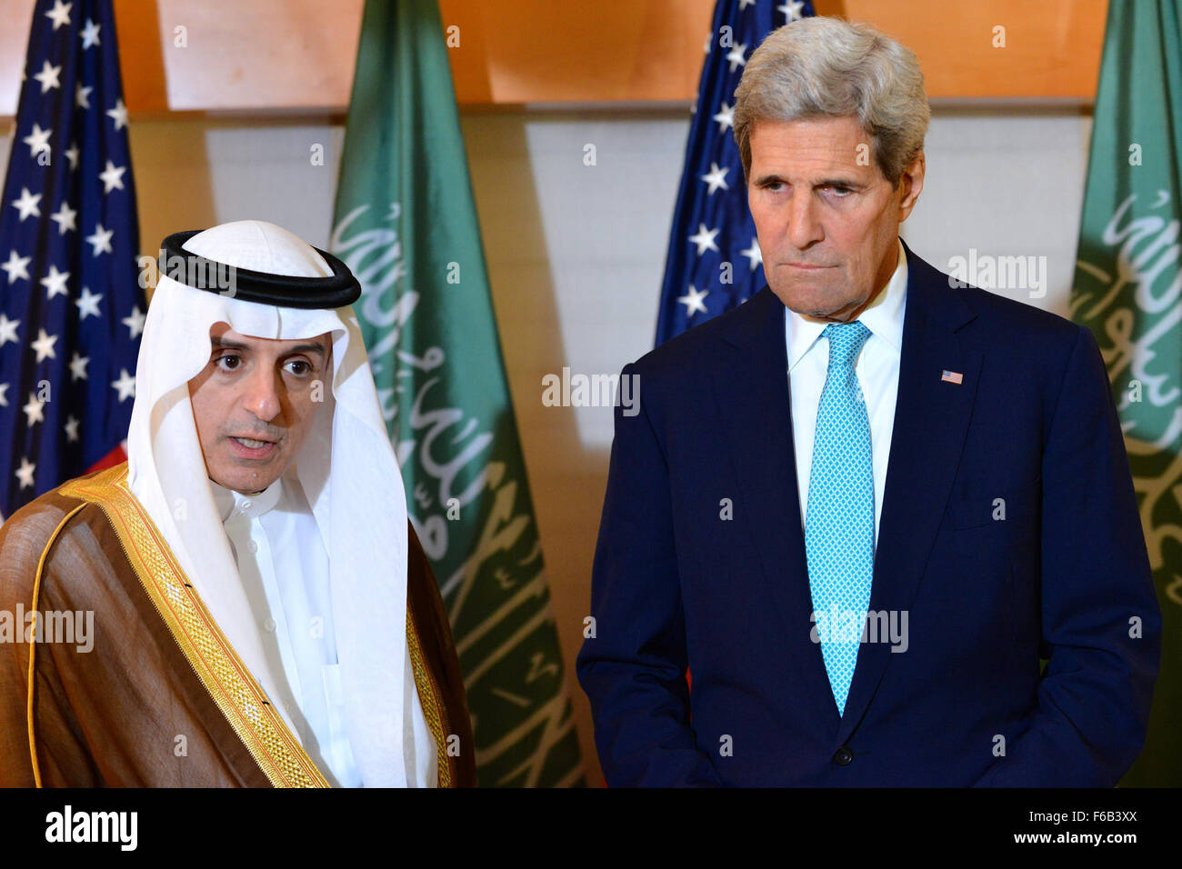 Secretary Kerry Listens as Saudi Foreign Minister al-Jubeir Speaks to Reporters Before Their Bilateral Meeting in New York City Stock Photo