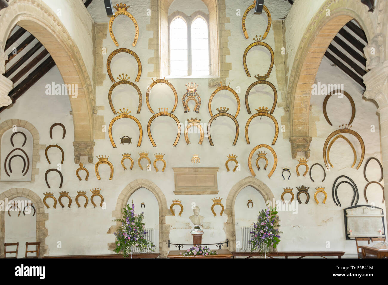 Ceremonial horseshoes in 12th Century The Great Hall of Oakham Castle, Oakham, Rutland, England