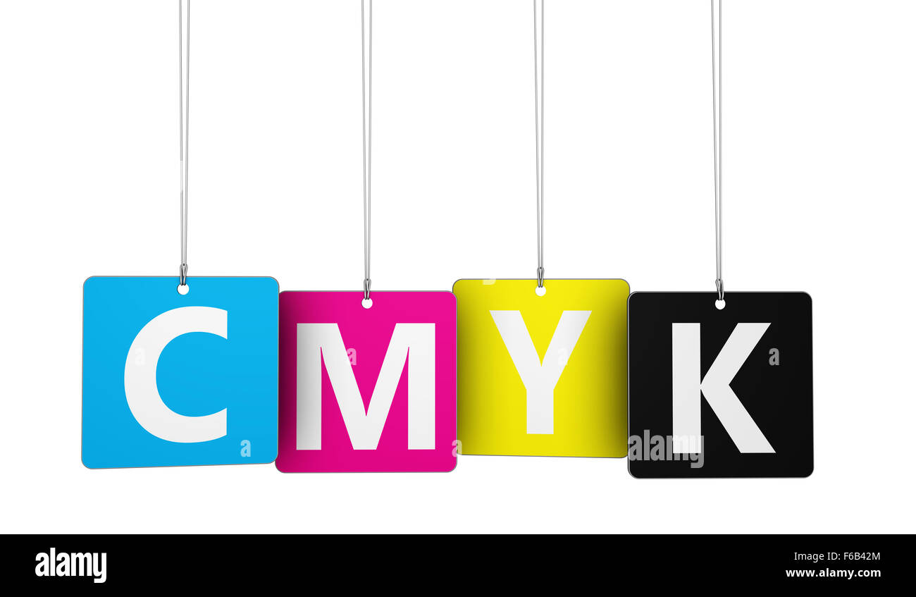 Cmyk digital offset printing and graphic design concept with colors and letter on tags 3d illustration. Stock Photo