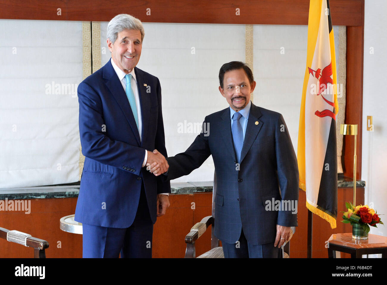 Secretary Kerry Poses for a Photo With Brunei Sultan Hassanal Bolkiah Before Their Meeting in New York City Stock Photo
