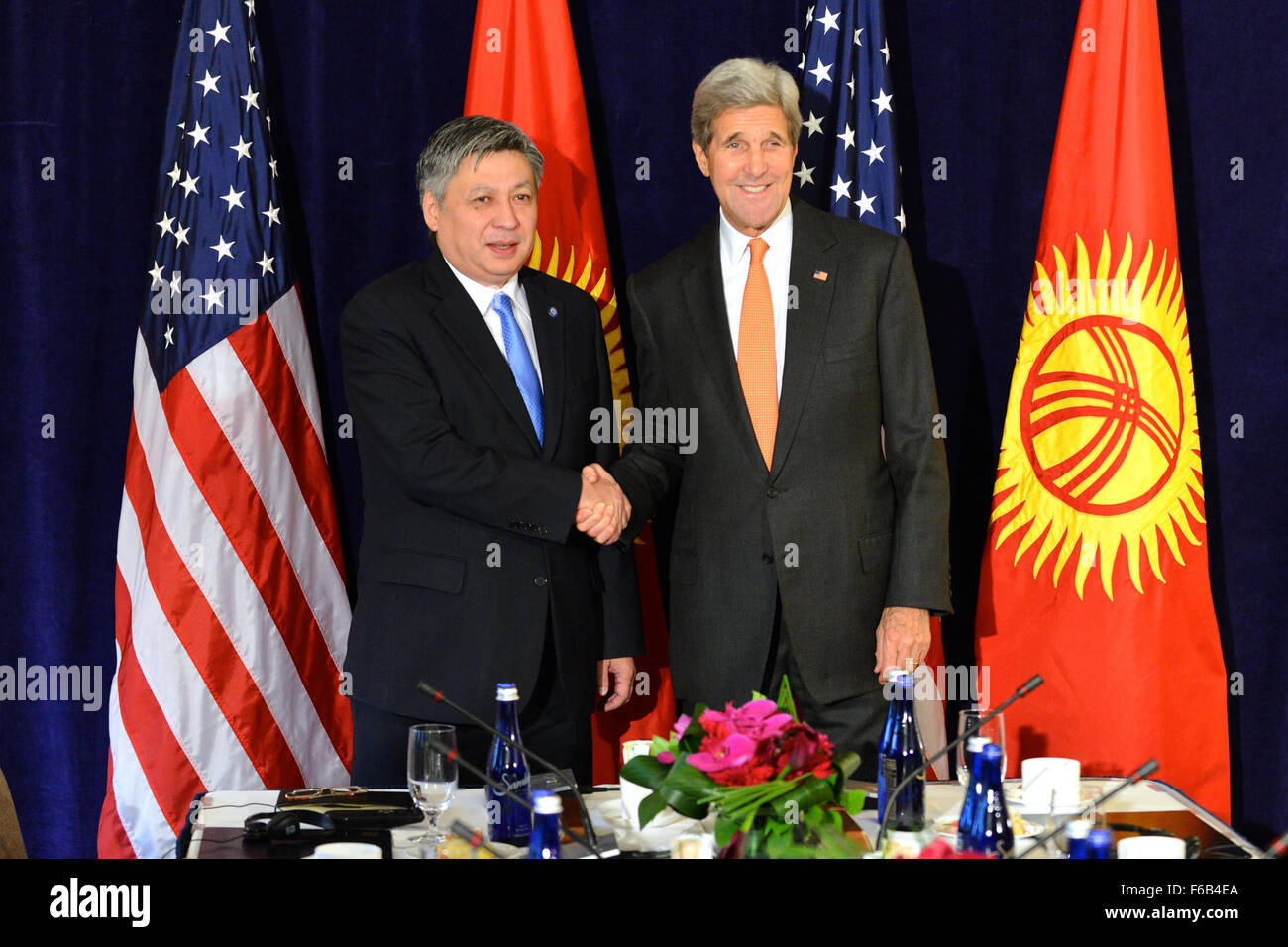 Secretary Kerry Poses for a Photo With Kyrgyz Foreign Minister Abdyldaev Before Their Meeting in New York City Stock Photo