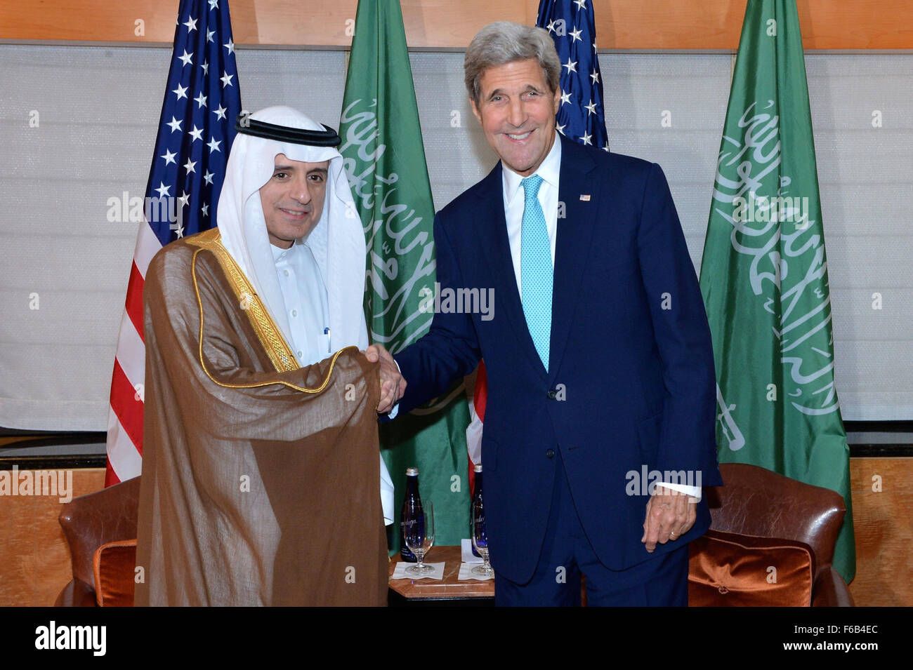 Secretary Kerry Poses for a Photo With Saudi Foreign Minister al-Jubeir Before Their Bilateral Meeting in New York City Stock Photo
