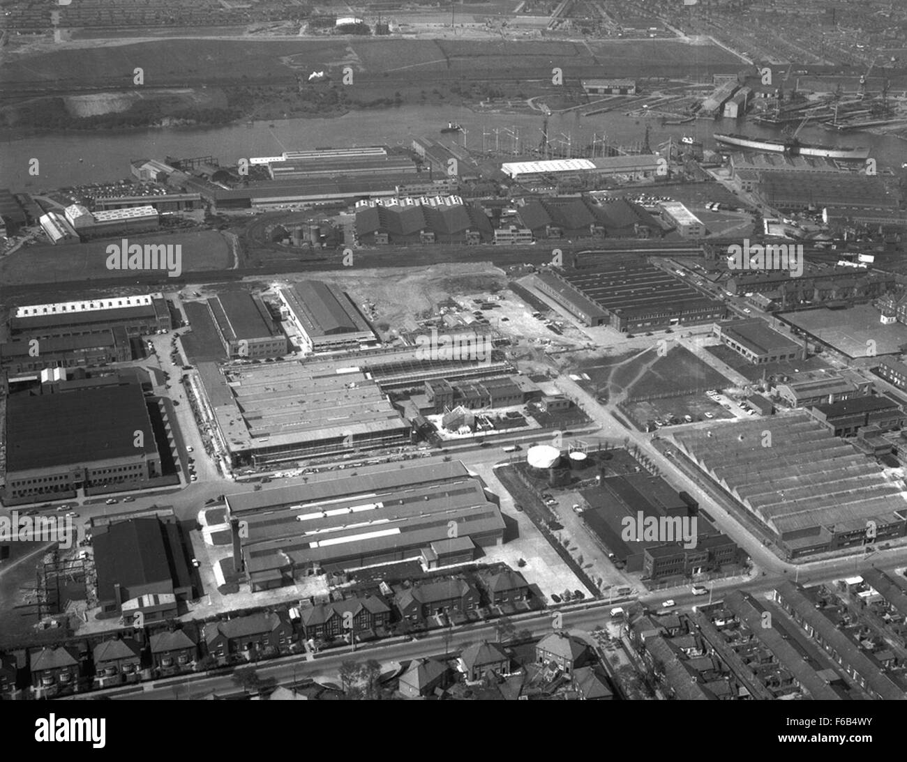 Aerial view of Pallion Trading Estate in Sunderland, located along the River Wear. This industrial area is home to a variety of businesses and industries, contributing to the economic landscape of Wearside in northern England. The image highlights the estate's industrial facilities and its proximity to the river, which is integral to its operations. Stock Photo