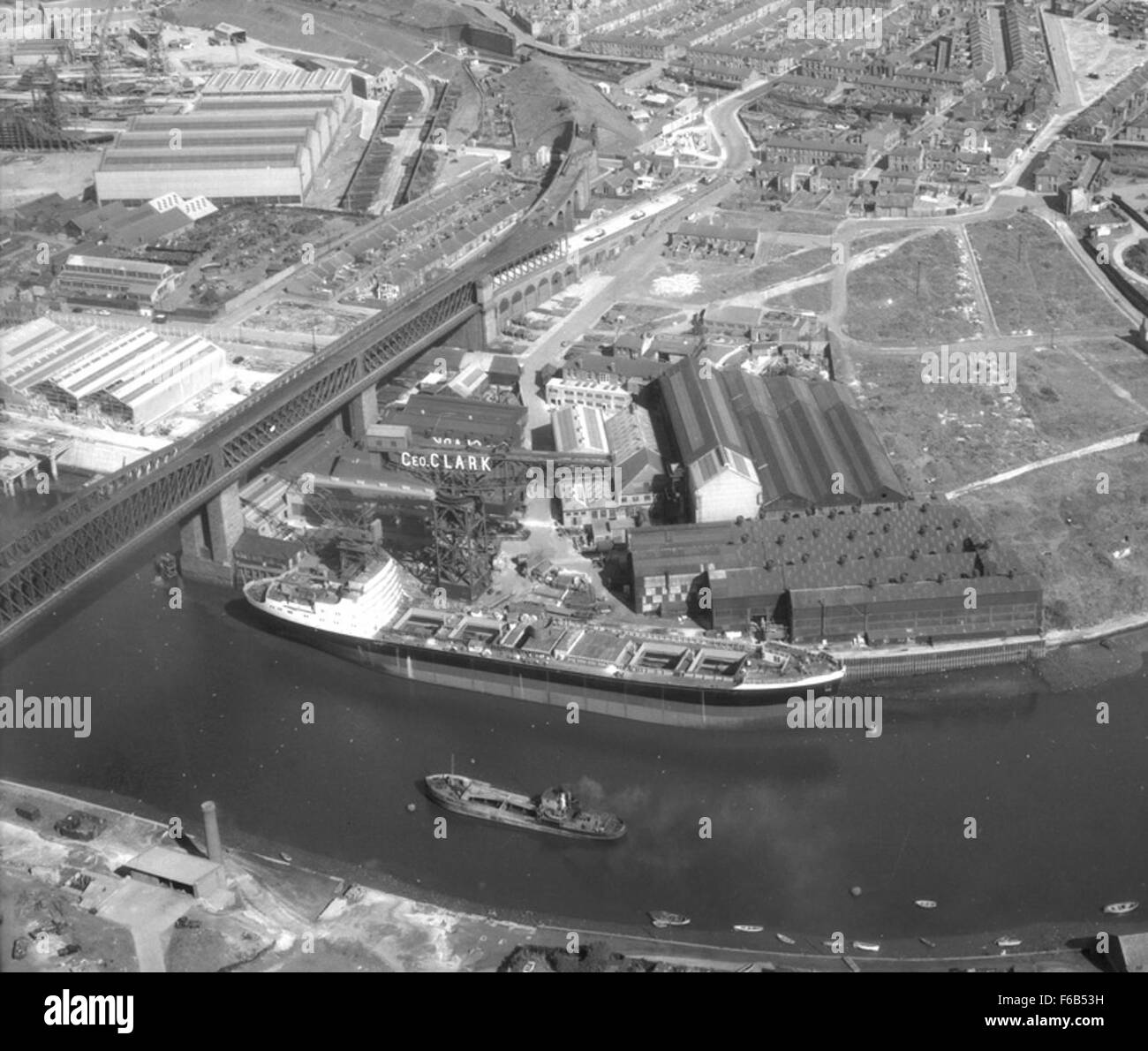 Aerial view of George Clark's Engine Works and Southwick Shipyard located near the River Wear in Sunderland, England. The industrial complex is involved in marine engineering and iron ore processing, central to Sunderland's maritime history. Stock Photo