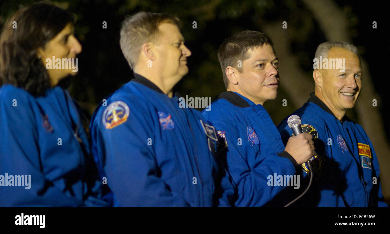 NASA astronaut Robert Behnken, second from right, answers a question during a panel discussion with fellow astronauts Sunita Williams, left, Eric Boe, second from left, and Douglas Hurley, right, at the second White House Astronomy Night on Monday, Oct. 19, 2015. Williams, Boe, Behnken, and Hurley were selected as the first to train for flight tests aboard aboard commercial carriers as part of NASA's Commercial Crew Program. The second White House Astronomy Night brought together students, teachers, scientists, and NASA astronauts for a night of stargazing and space-related educational activit Stock Photo
