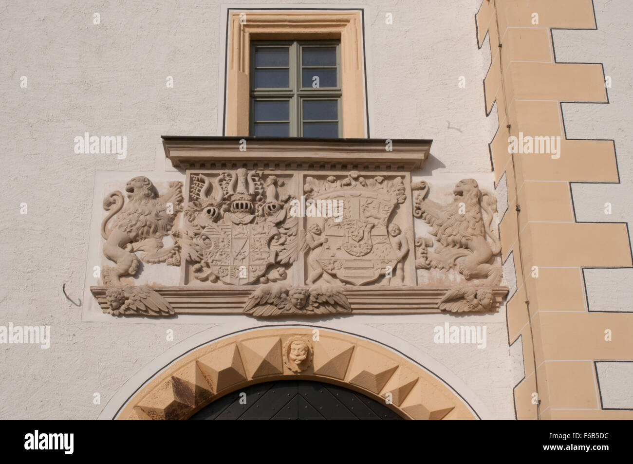 Crest above the gateway to Colditz Castle, the Second World War prison camp for Allied officer prisoners-of-war Stock Photo