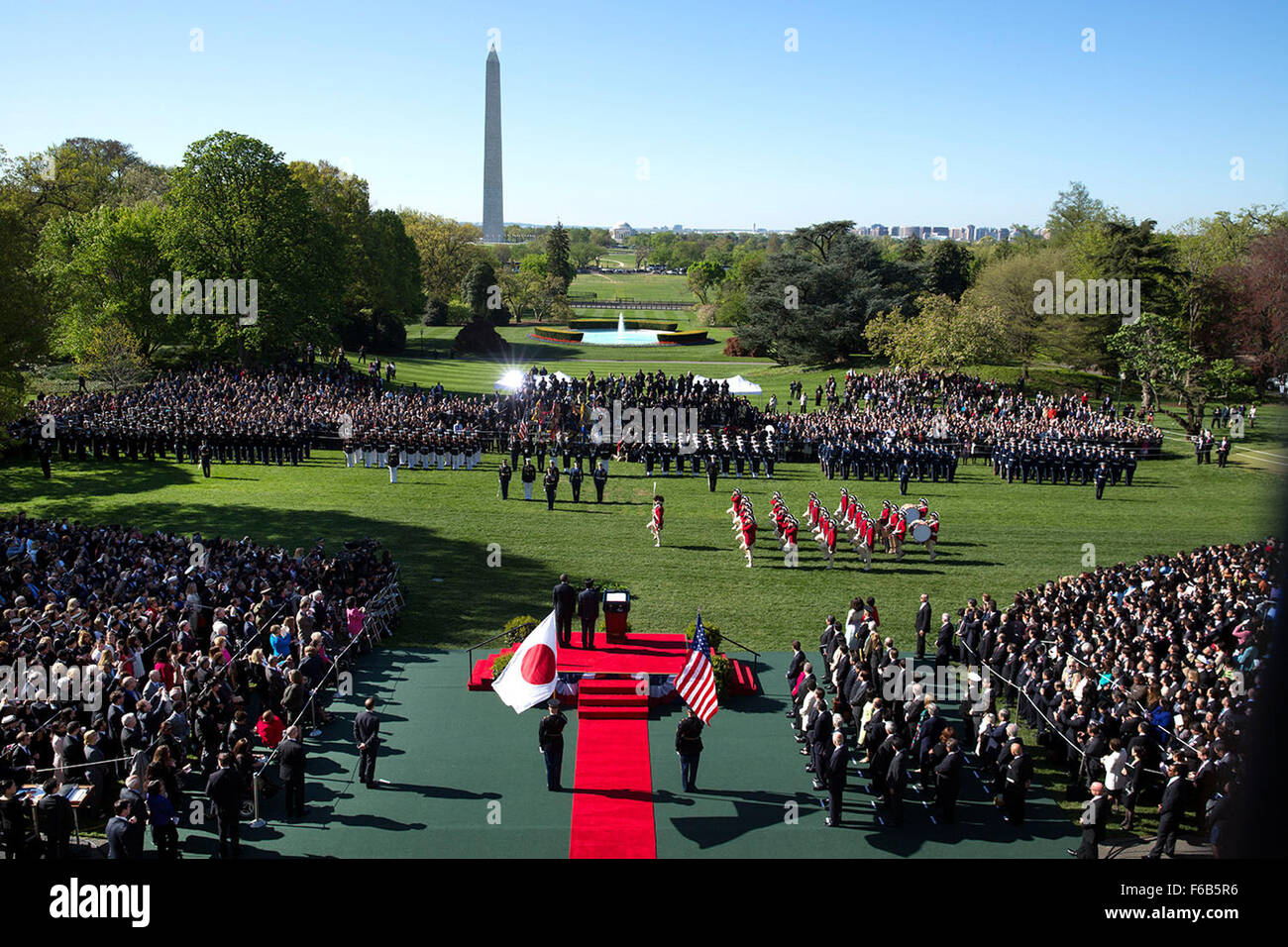 The U.S. Army Old Guard Fife and Drum Corps parades on the South Lawn