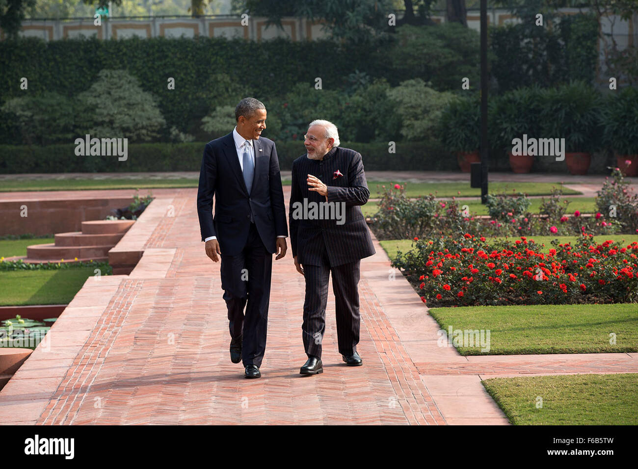 President Barack Obama and Prime Minister Narendra Modi walk in the garden at Hyderabad House in New Delhi, India, Jan. 25, 2015. Stock Photo