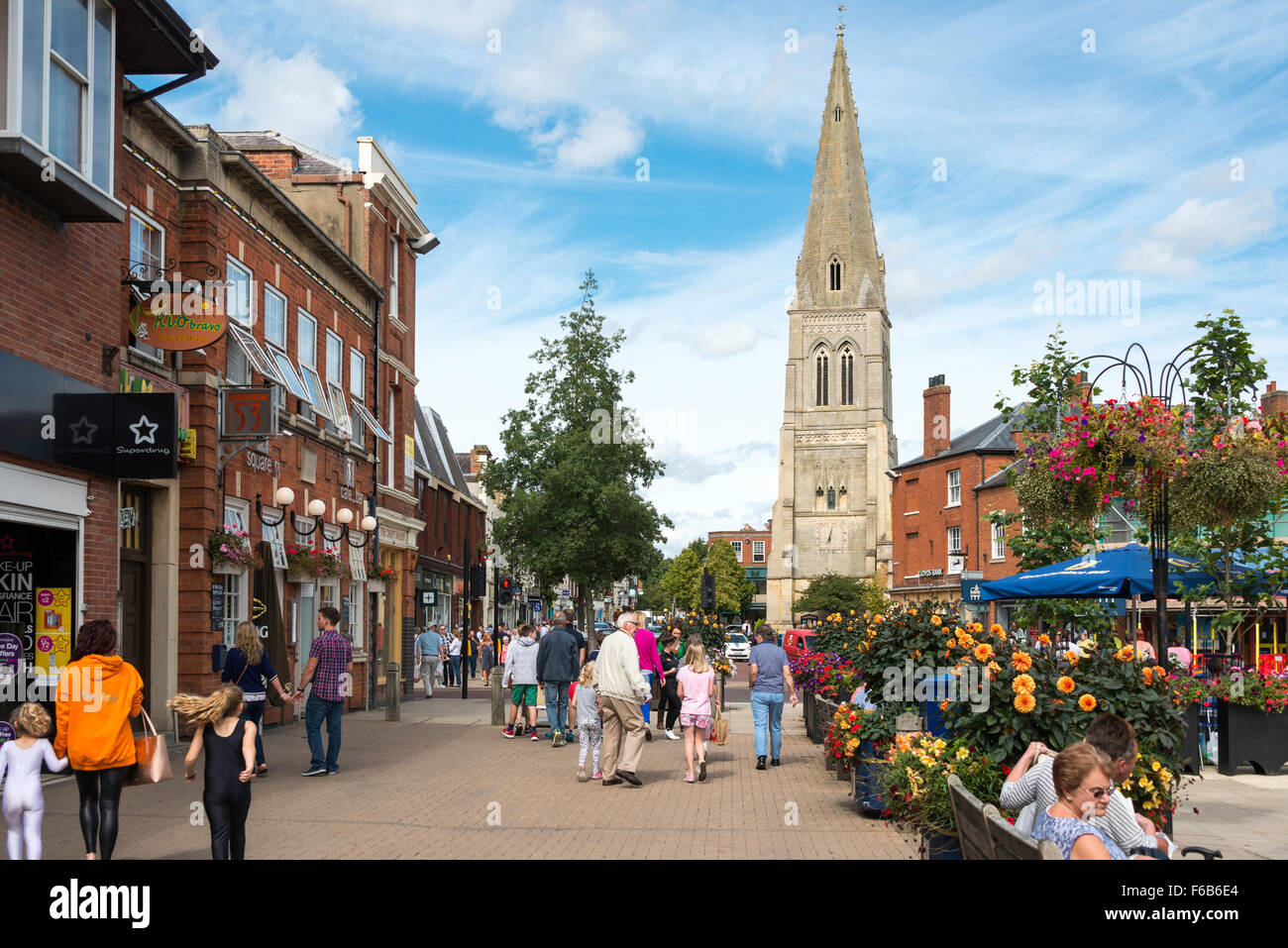 The Square showing St Dionysius' Church spire, Market Harborough, Leicestershire, England, United Kingdom Stock Photo