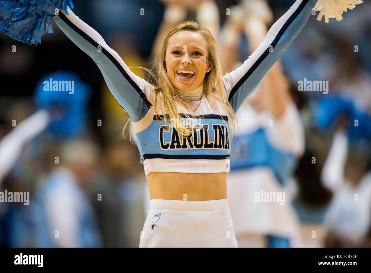 A UNC cheerleader during the NCAA Basketball game between the Fairfield