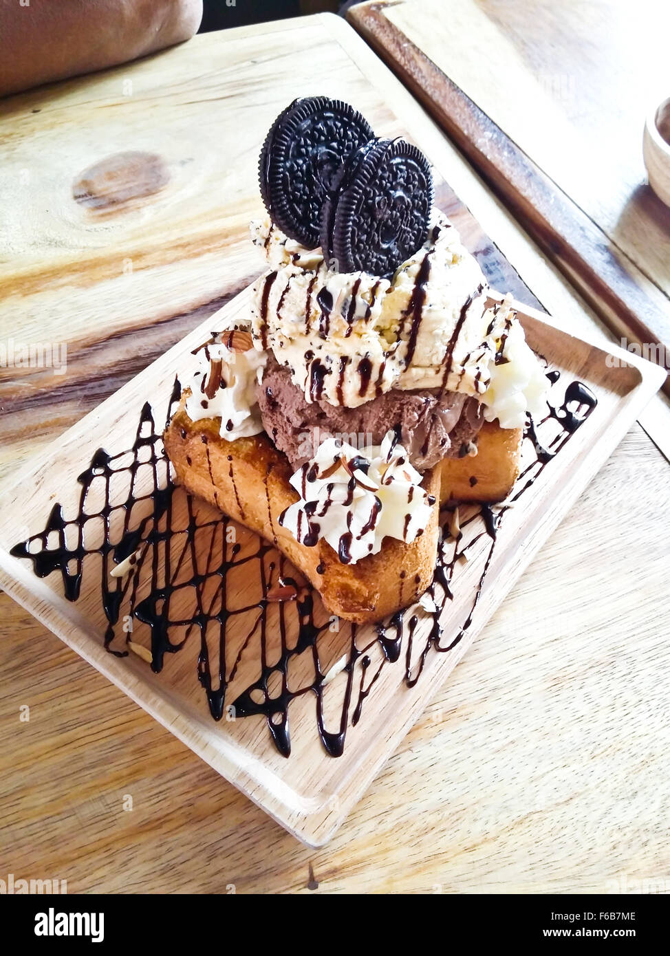 Chocolate Honey Toast with Ice Cream Stock Photo