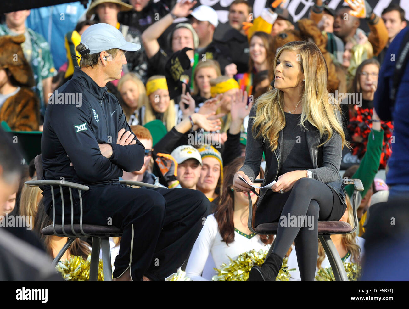 Waco, Texas, USA. 14th Nov, 2015. ESPN college football analyst Samantha Ponder (right) interviews Baylor coach Art Briles (left) on the set of ESPN's College Gameday at McLane Stadium in Waco, Texas. Austin McAfee/CSM/Alamy Live News Stock Photo