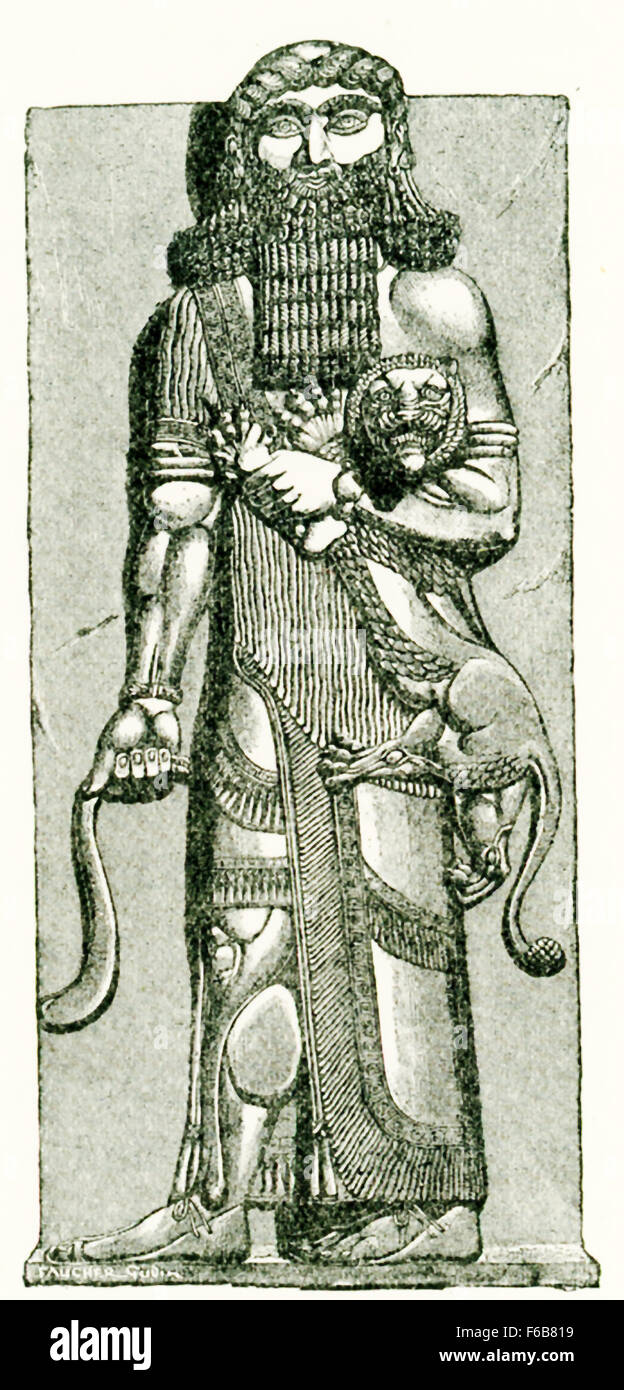 This Assyrian bas-relief from Khorsabad shows the epic hero Gilgamesh strangling a lion. It was drawn by Faucher-Gudin for Gaston Maspero's book on the history of Egypt and resides now in the Louvre Museum. The Mesopotamian epic hero Gilgamesh was king of Erech, a city-state was that was besieged by enemies. If Gilgamesh is or is based on a historical figure, he probably was a king who lived between 2800 and 2500 B.C. In the Babylonian epic titled Gilgamesh, there are references to Gilgamesh encountering a pride of lions and killing them and wearing their skins as clothes. Stock Photo