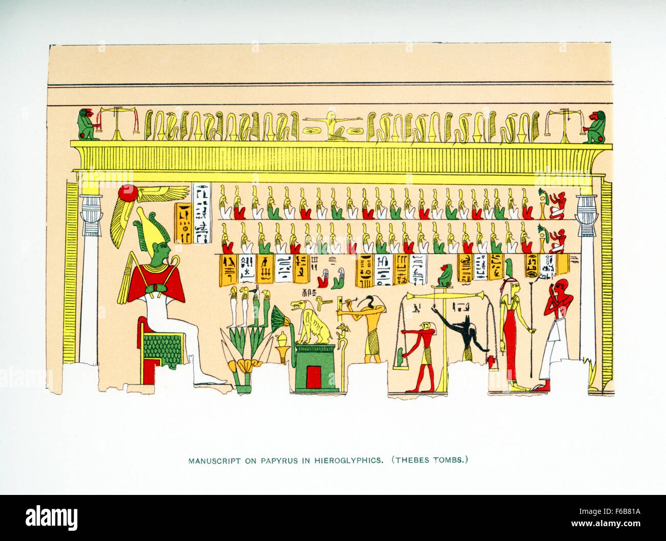 Pictured here is a manuscript drawn on papyrus of hieroglyphs and art found in an ancient Egyptian tomb in Thebes, with its many rock-cut tombs, in southern Egypt. This illustration dates to 1903 and appeared in the book History of Egypt by French Egyptologist Gaston Maspero. It brings together many of the scenes found in the tomb. Among these are  the god of the underworld Osiris (his skin color green, symbolizing rebirth) sitting at left. In front are the four sons of Horus (Horus was Osiris' son). The god of writing Thoth is inscribing on a a rectangular piece of papyrus. Stock Photo