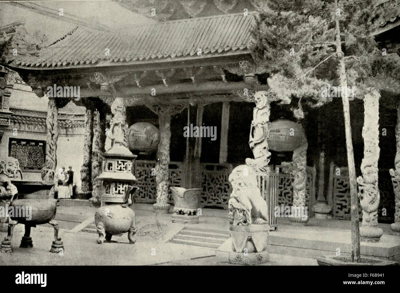 Temple at Ningpo : Stone Pillars Beautifully Carved, China, circa 1900 Stock Photo
