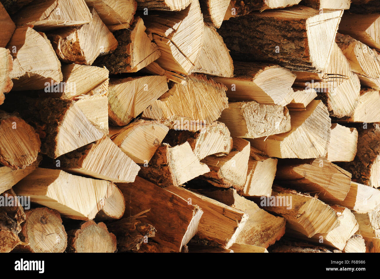 Dry chopped firewood logs in pile. Nature abstract background with stack of firewood. Stock Photo