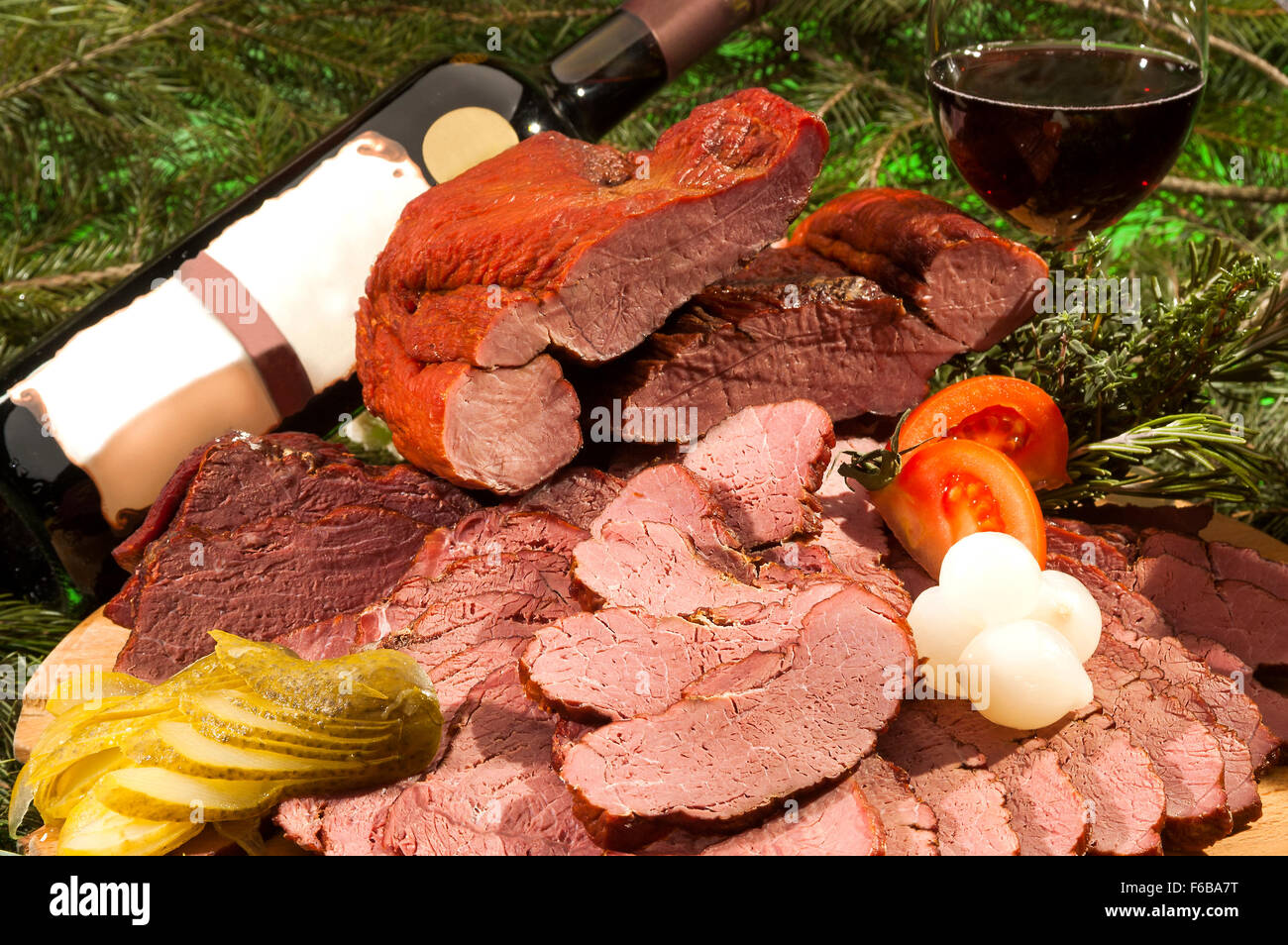 Smoked Deers Rump with wine and vegetable Stock Photo