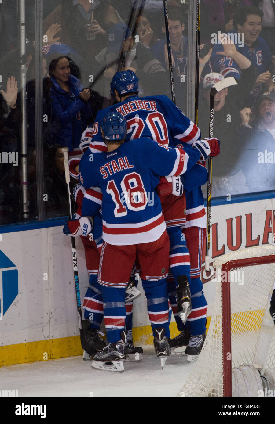 New York, NY, USA. 15th Nov, 2015. New York Rangers celebrate a goal by center Derek Stepan (21) in the 2nd period of an NHL hockey game, Madison Square Garden, Sunday, Nov. 15, 2015. Credit:  Bryan Smith/ZUMA Wire/Alamy Live News Stock Photo