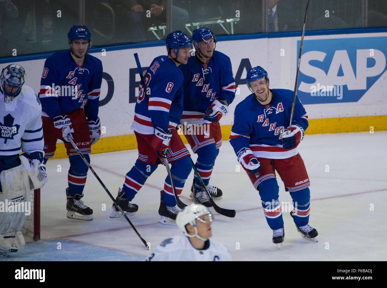 New York, NY, USA. 15th Nov, 2015. New York Rangers celebrate a goal by center DEREK STEPAN (21) in the 2nd period of an NHL hockey game, Madison Square Garden, Sunday, Nov. 15, 2015. Credit:  Bryan Smith/ZUMA Wire/Alamy Live News Stock Photo