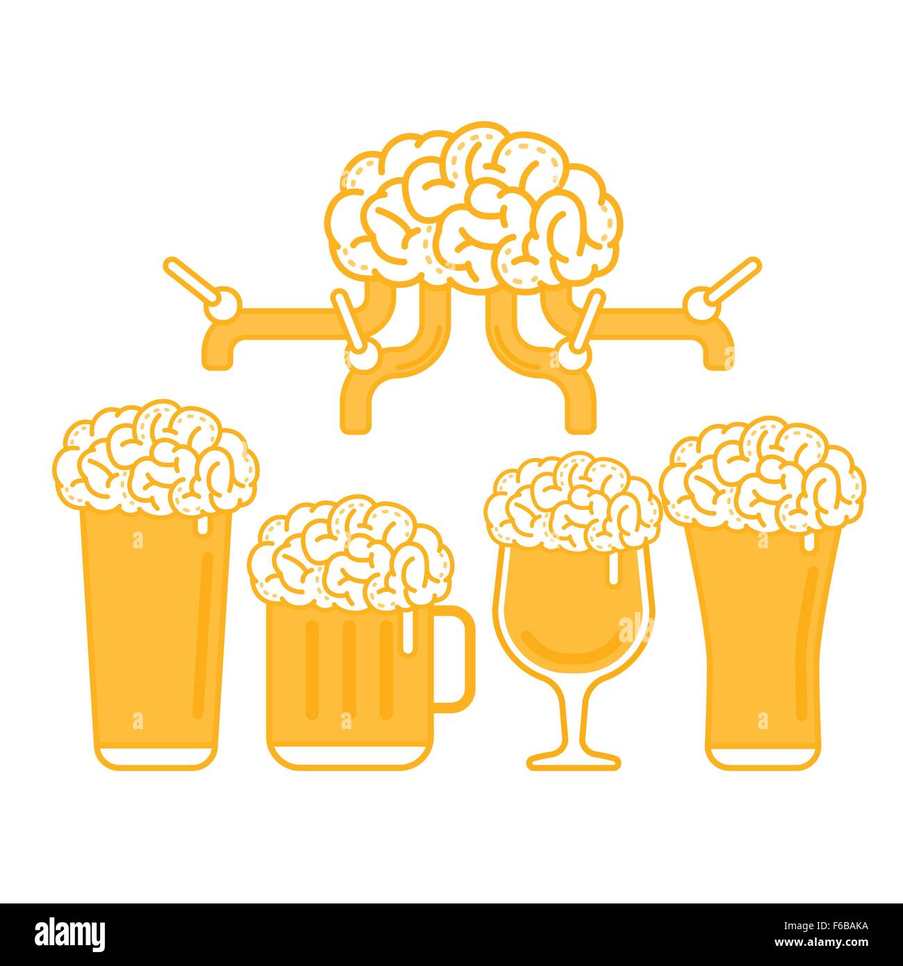 Vector Illustration of A Brain Beer Tap and Various types of Beer Glass Stock Vector