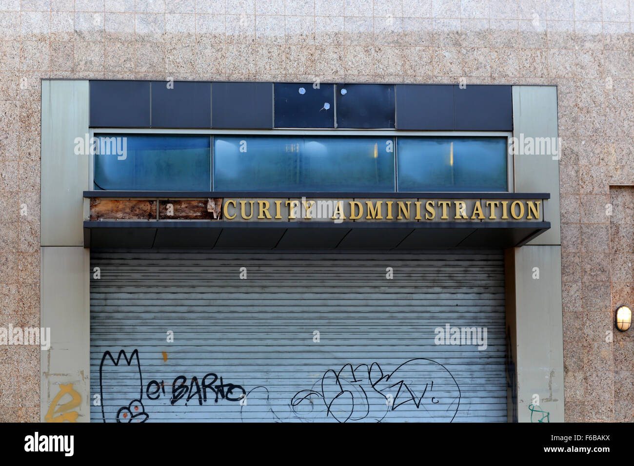 A boarded up Social Security Administration building. Stock Photo