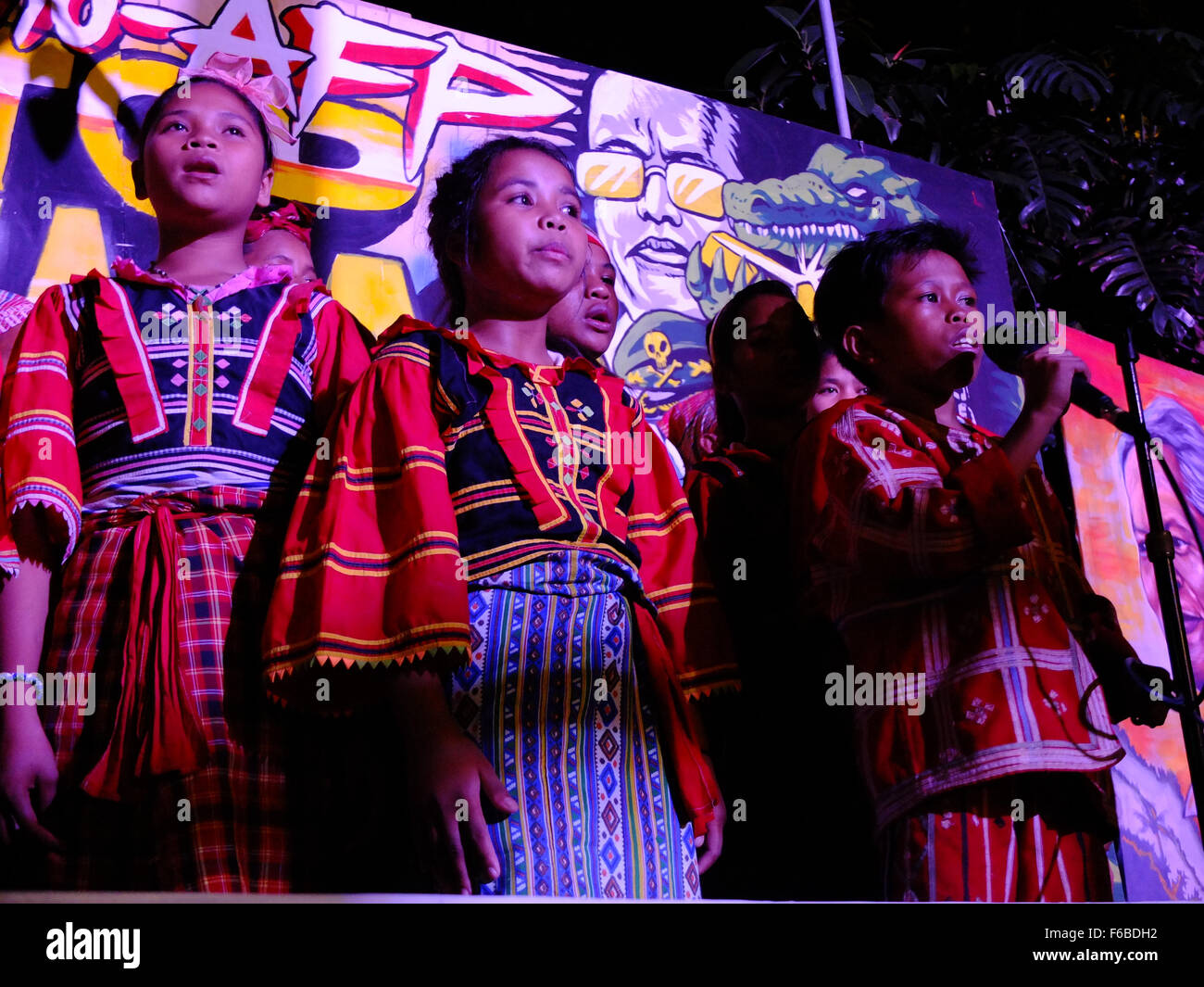 The Lumad children sings a very meaningful message. The Lumad peoples are a group of indigenous people of the southern Philippines. It is a Cebuano term meaning 'native' or 'indigenous'. The term is short for Katawhang Lumad (literally 'indigenous peoples'), the autonym officially adopted by the delegates of the Lumad Mindanao Peoples Federation (LMPF) founding assembly on 26 June 1986 at the Guadalupe Formation Center, Balindog, Kidapawan, Cotabato, Philippines. It is the self-ascription and collective identity of the indigenous peoples of Mindanao. (Photo by Josefiel Rivera/Pacific Press) Stock Photo