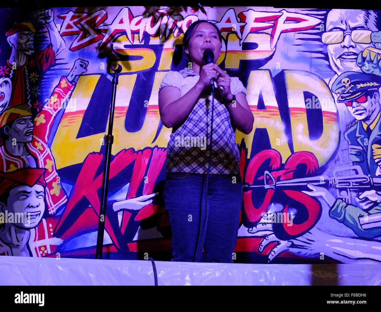 A daughter of a slain Lumad, tearfully narrates their ordeal during the Solidarity Cultural Night. The Lumad peoples are a group of indigenous people of the southern Philippines. It is a Cebuano term meaning 'native' or 'indigenous'. The term is short for Katawhang Lumad (literally 'indigenous peoples'), the autonym officially adopted by the delegates of the Lumad Mindanao Peoples Federation (LMPF) founding assembly on 26 June 1986 at the Guadalupe Formation Center, Balindog, Kidapawan, Cotabato, Philippines. It is the self-ascription and collective identity of the indigenous peoples of Mindan Stock Photo