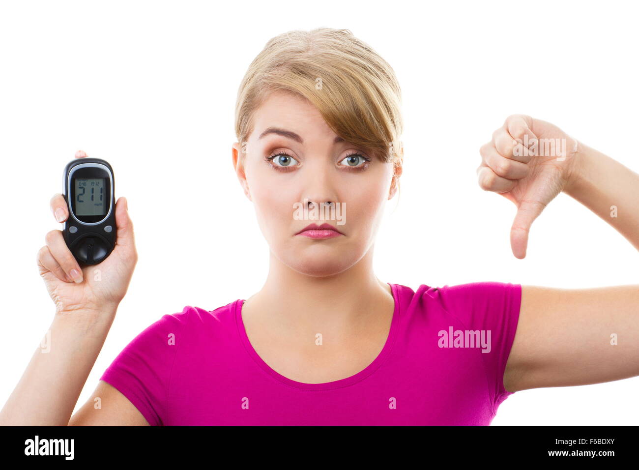 Shocked and worry woman holding glucose meter with bad result of