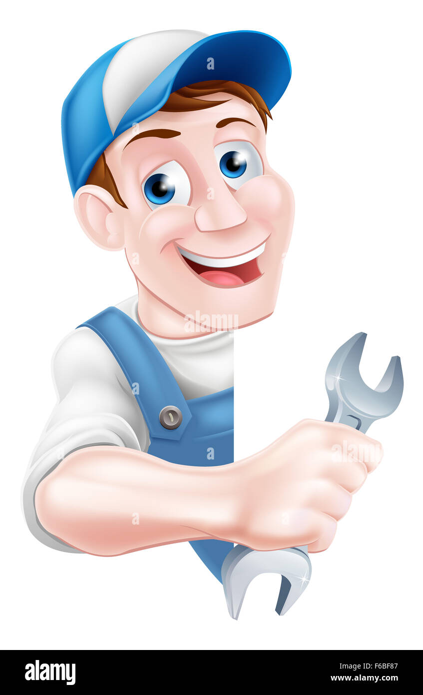 Cartoon mechanic or plumber service handyman worker man holding a spanner leaning around a sign Stock Photo
