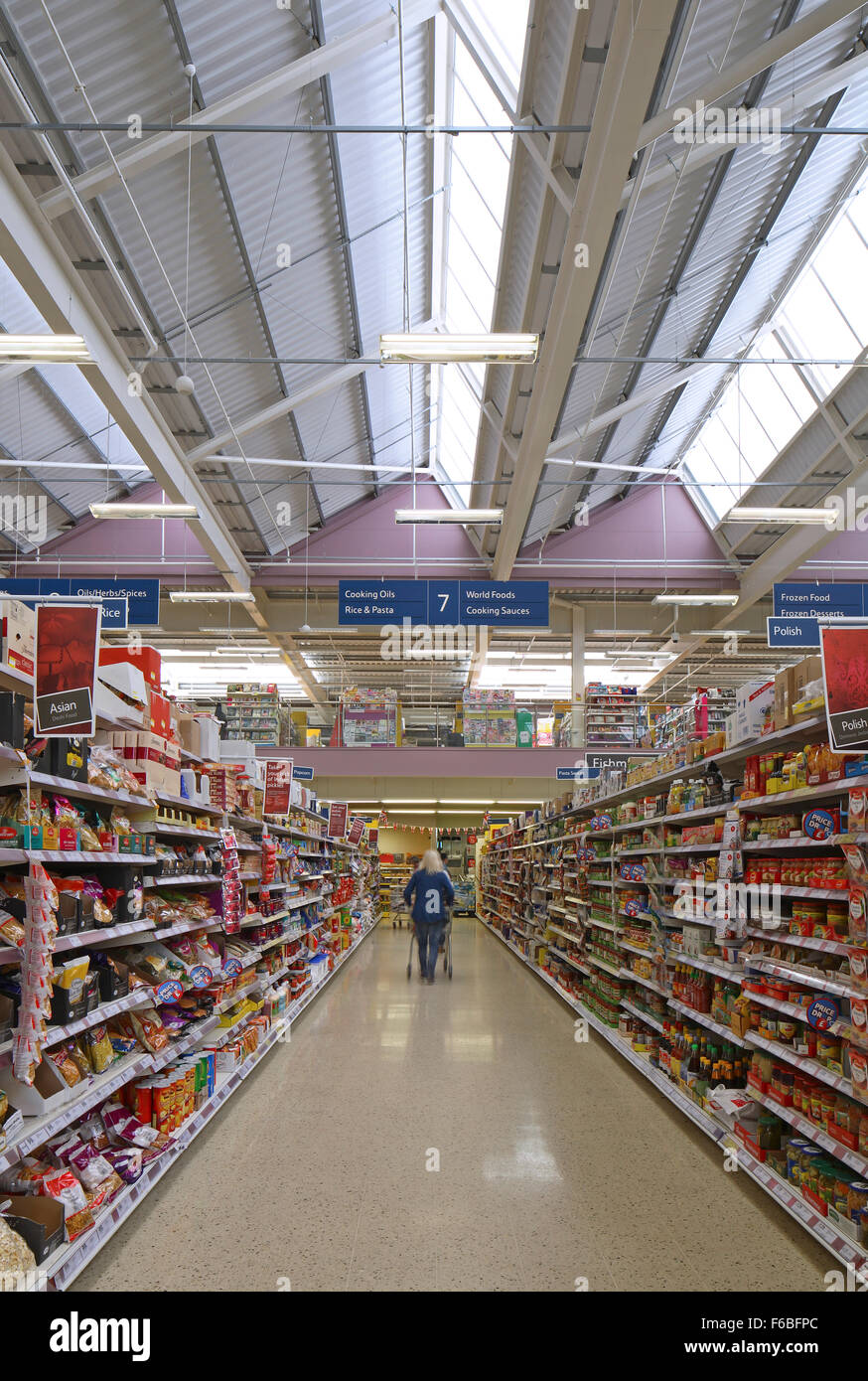 Individual aisle in Tesco superstore in Yiewsley, West Drayton. London Residential and Mixed-use, London, United Kingdom. Archit Stock Photo