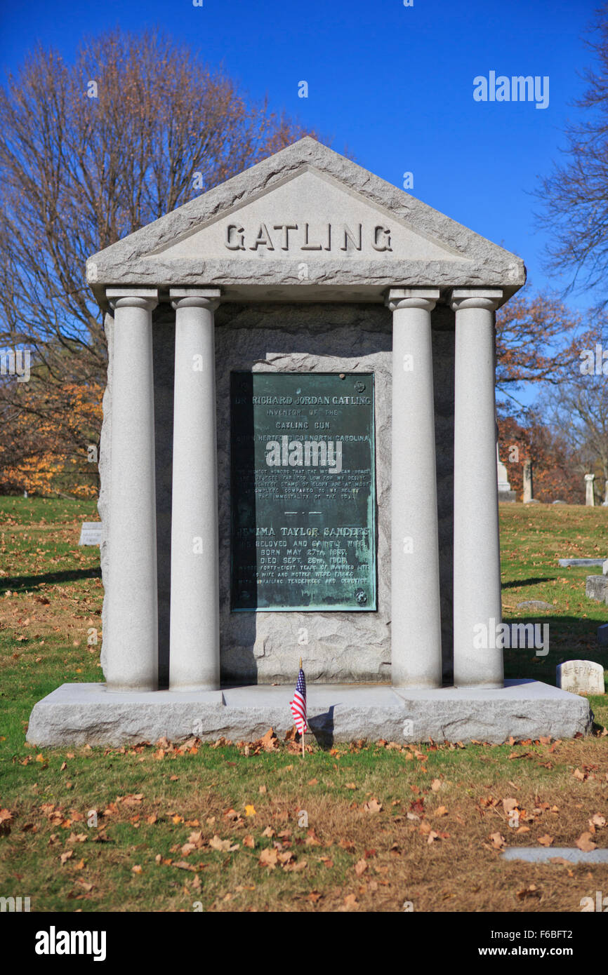 Memorial grave marker to Richard Jordan Gatling, inventor of the Gatling gun, Crown Hill Cemetery in Indianapolis, Indiana. Stock Photo