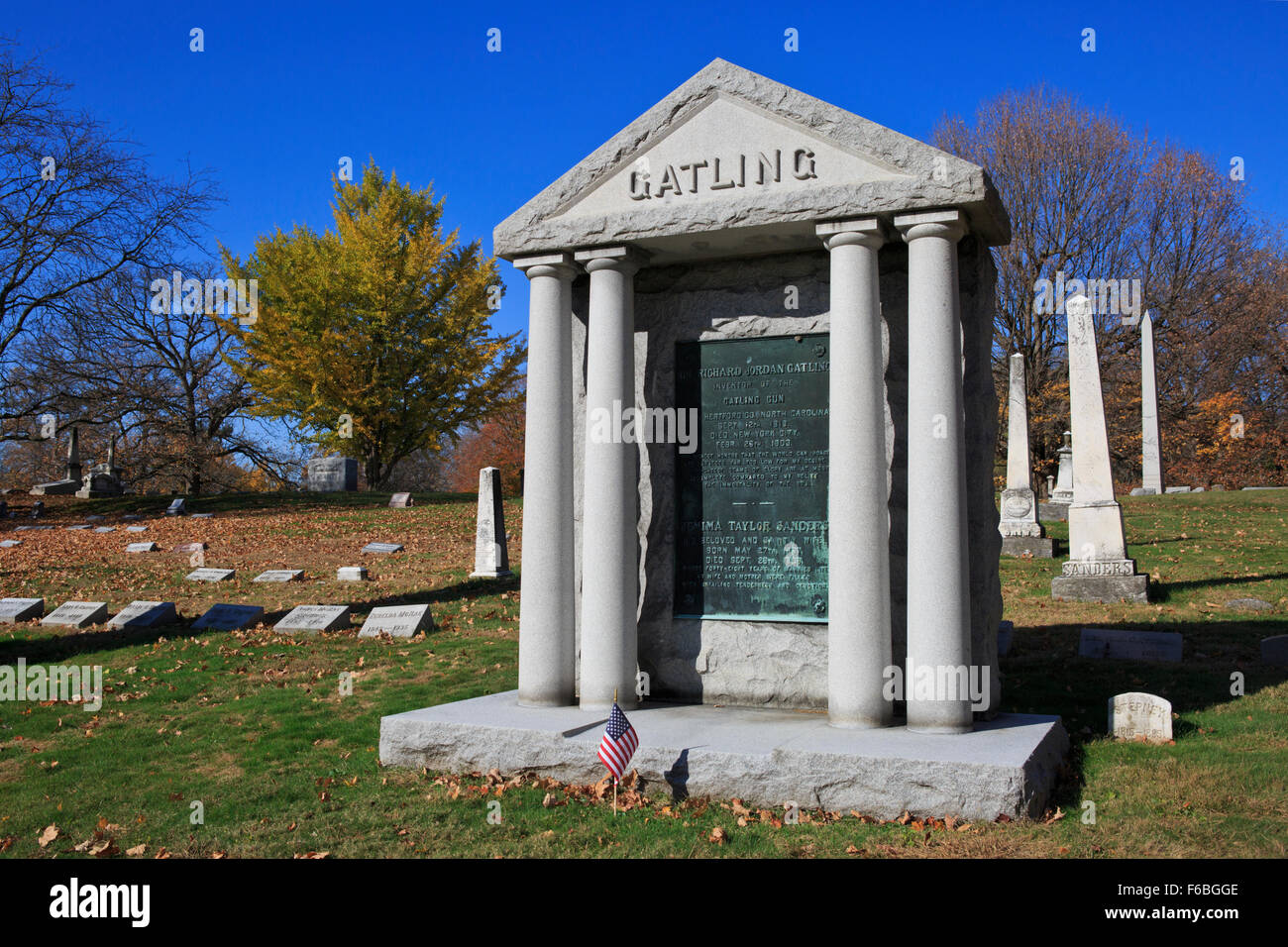 Memorial grave marker to Richard Jordan Gatling, inventor of the Gatling gun, Crown Hill Cemetery in Indianapolis, Indiana. Stock Photo