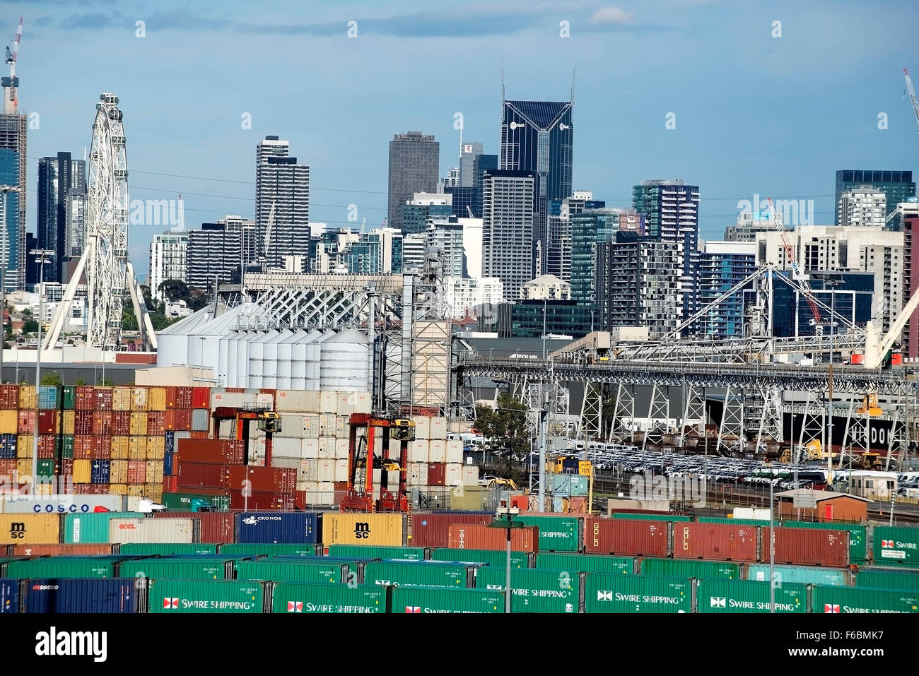 Port of Melbourne containers and Melbourne skyline. Picture taken from