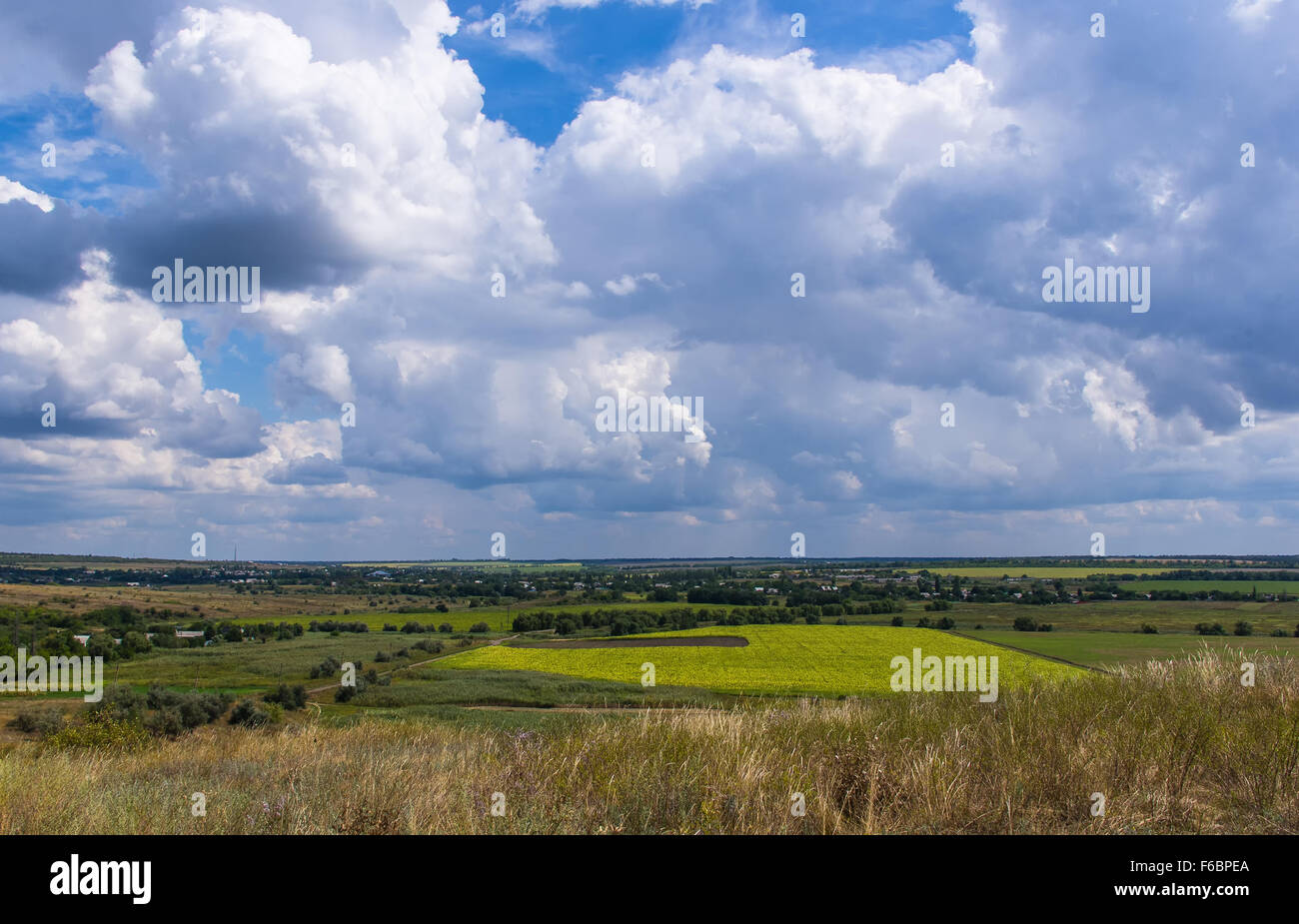 Summer landscape with green grass, village, fields and beautiful clouds ...