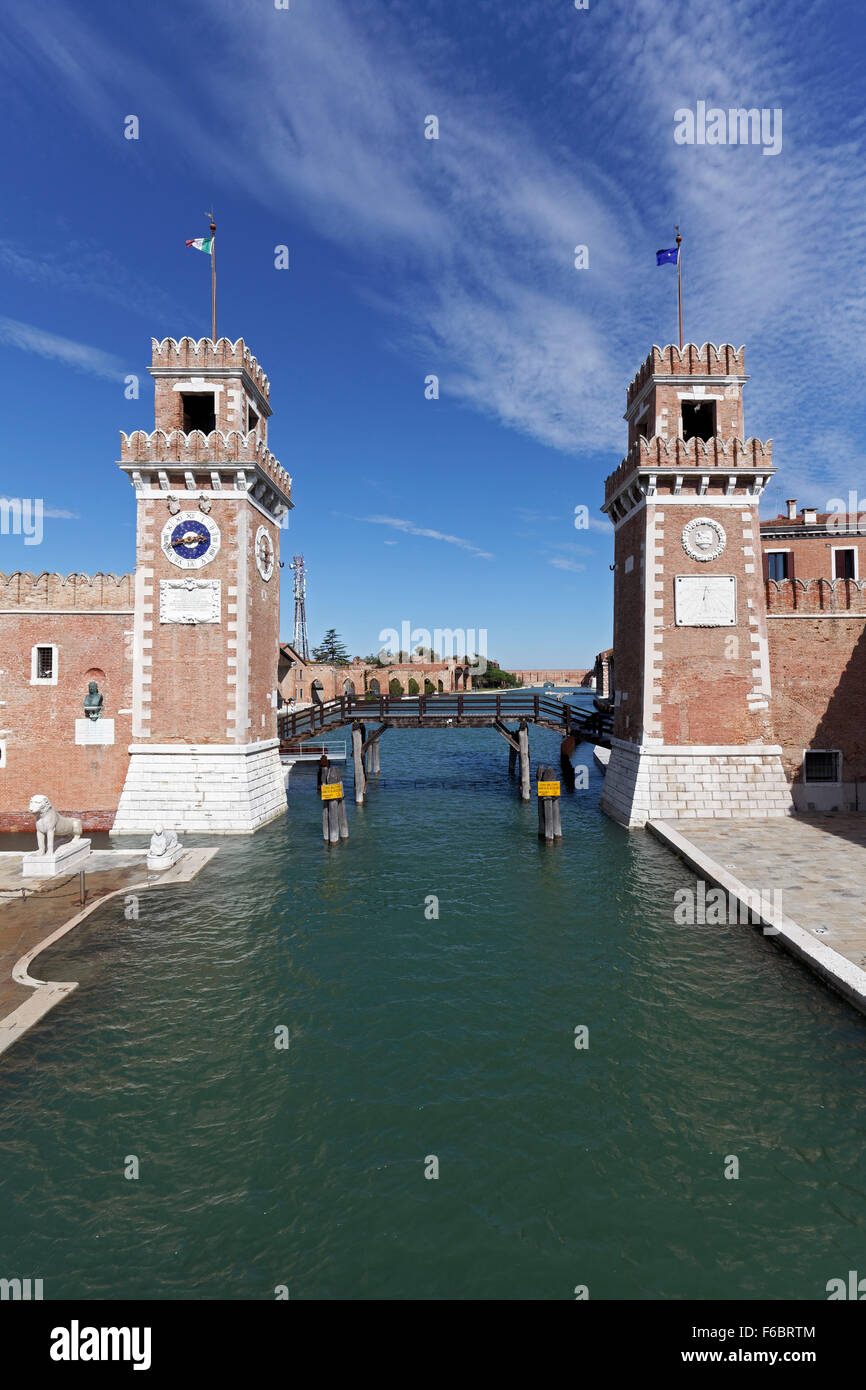 Arsenal water gate and towers, former naval base of Venetian Republic, Castello, Venice, Veneto, Italy Stock Photo