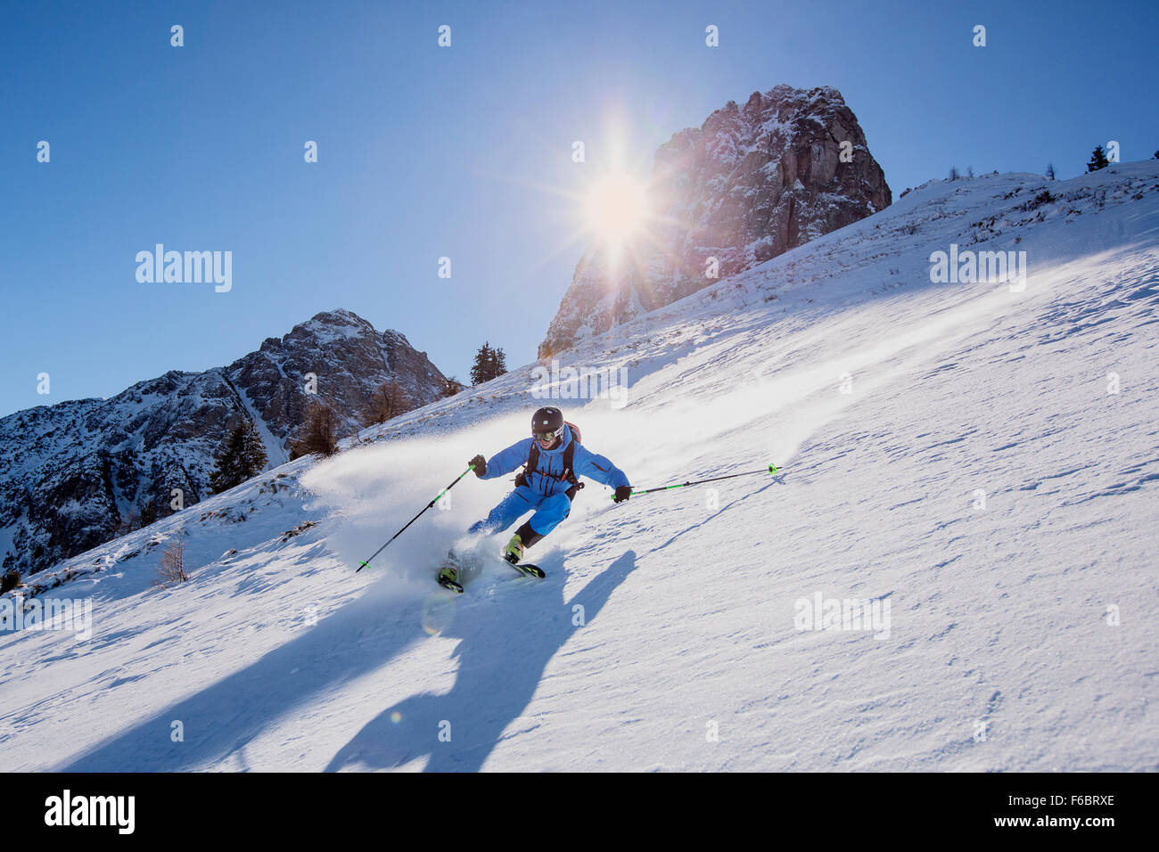 Freerider off-piste, Muttereralmpark, Spitzmandl (2206m) and Nockspitze (2403m) behind, North Tyrol, Austria Stock Photo