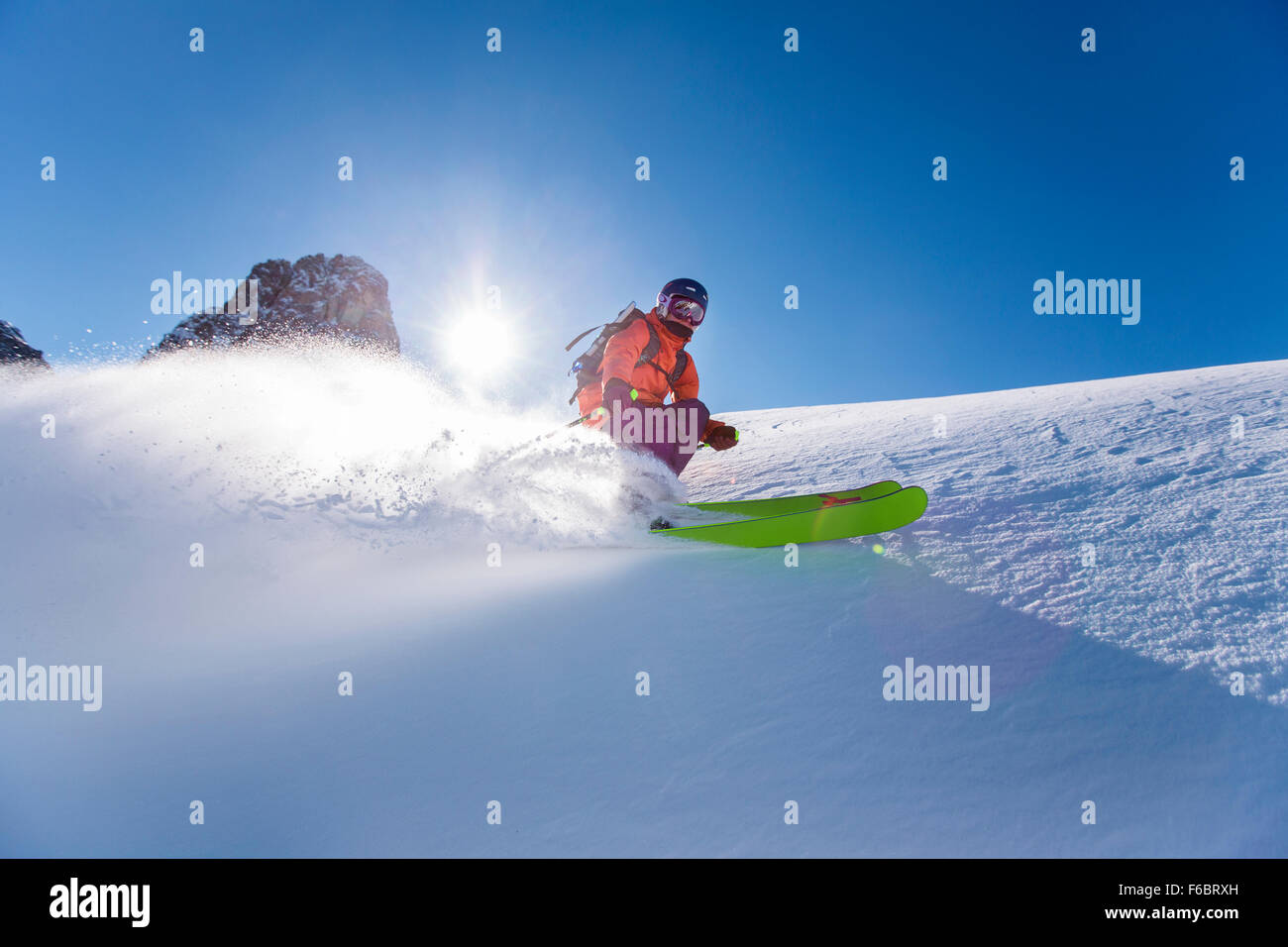 Freerider off-piste in deep snow, Muttereralmpark, Nockspitze (2403m) behind, North Tyrol, Austria Stock Photo