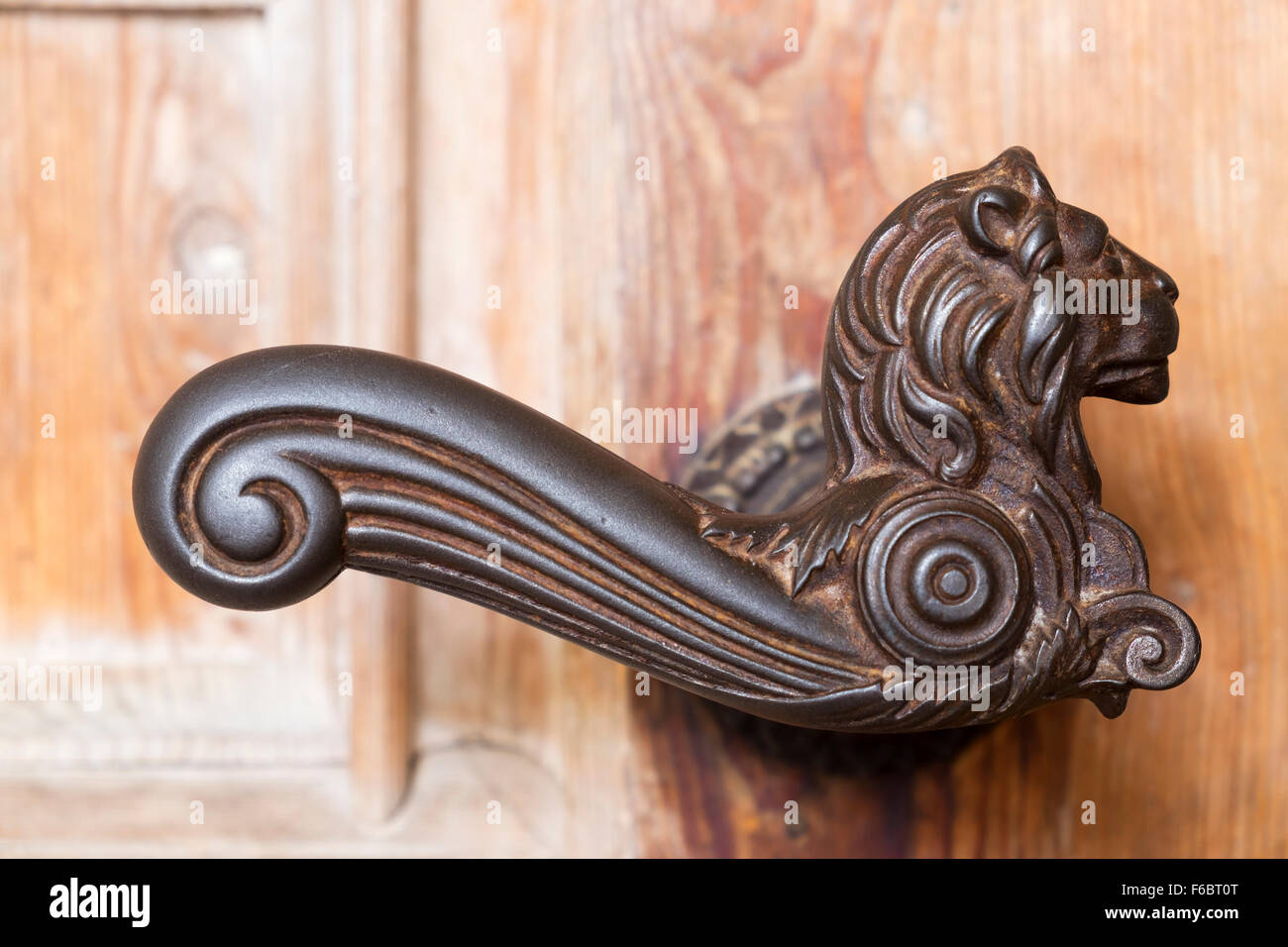Doorknob, in the shape of a lion, at the Church of the Assumption in Burg bei Tengling, Rupertiwinkel, Chiemgau, Upper Bavaria Stock Photo
