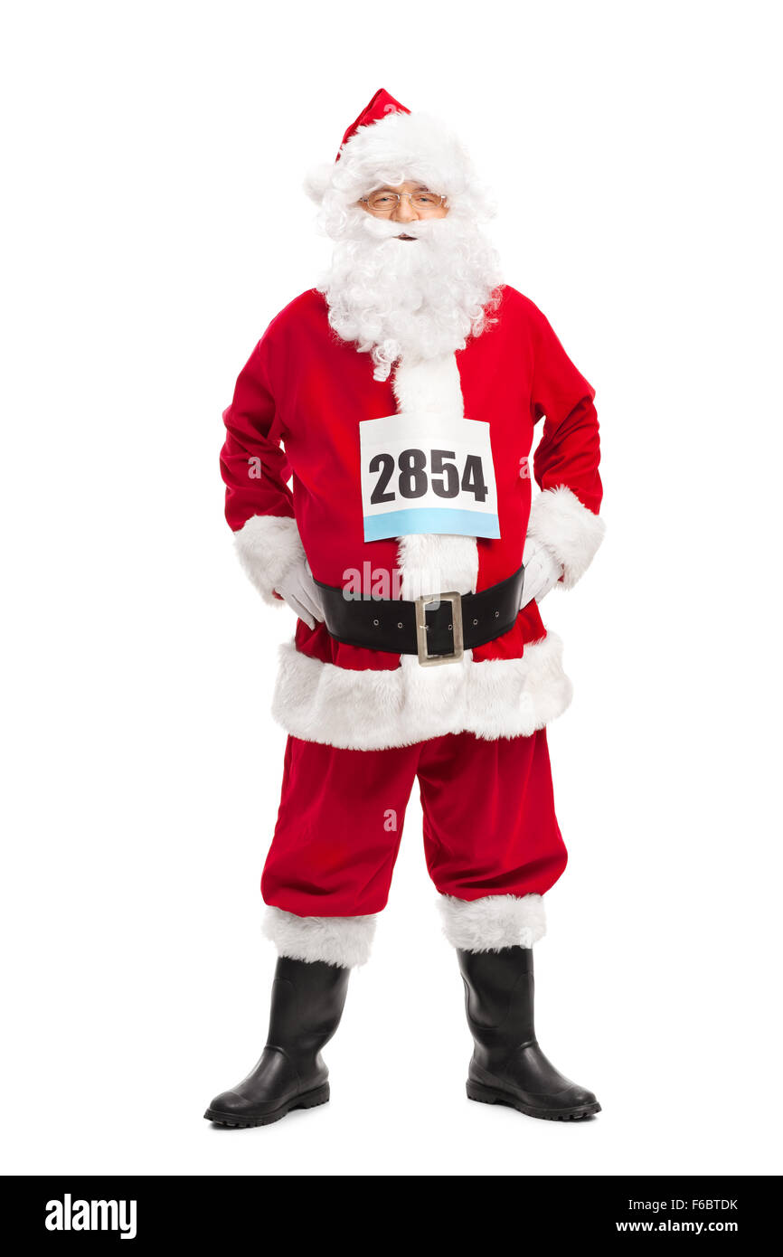 Full length portrait of a senior man in Santa Claus costume with a race number on his chest isolated on white background Stock Photo