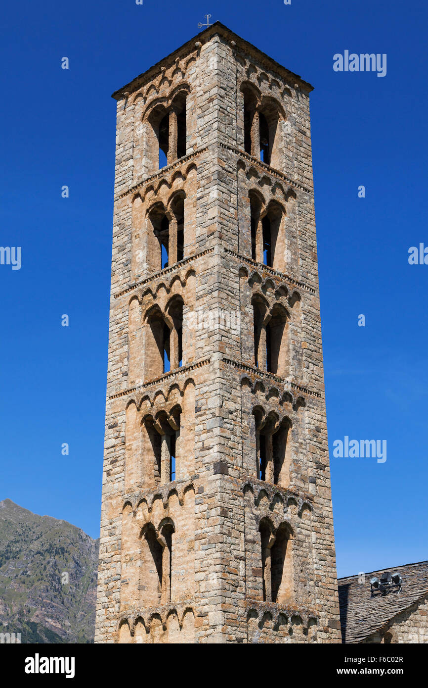 Romanesque bell tower of Santa Climent church in Taull, Vall de Boi, Catalonia. Stock Photo